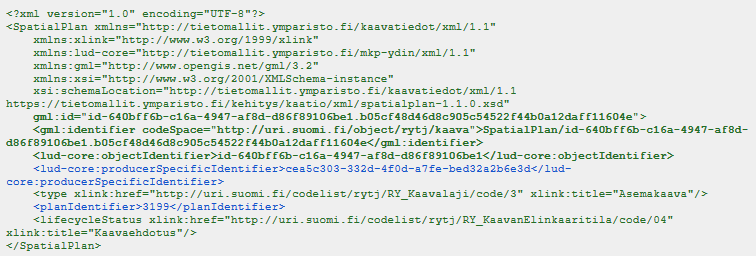 kuva kaatio-hankkeen rajapinnan xml-muotoisesta koodista
